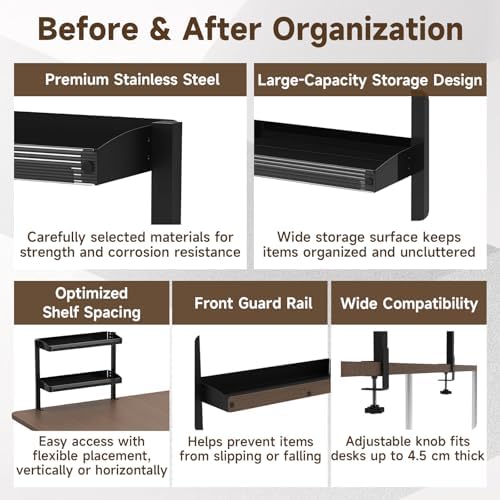 Clamp on Desk Shelf,17'' 2 Tier Office Desk Shelves Organizer with Under-Desk Hidden Storage Basket,Wood Desktop Supplies Storage Rack for Home Workspace, Study Rooms,Gaming Devices (Black) - Image 6