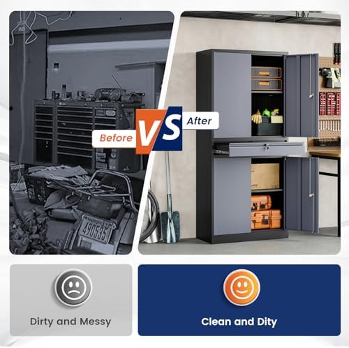 Yizosh Metal Garage Storage Cabinet with Locking Doors and Adjustable Shelves, 71" Steel Tool Storage Cabinet with 1 Drawer for Garage,Office,Warehouse (Gray Black) - Image 7