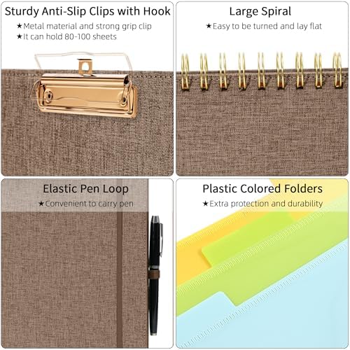 Ospelelf Brown Foldable Spiral Clipboard Folio with Storage Zipper Pouch, 5 Plastic Folders with 10 Pockets, Refillable Lined Notepad (11" x 8.5"), Linen Hardcover Project Organizer - Image 4