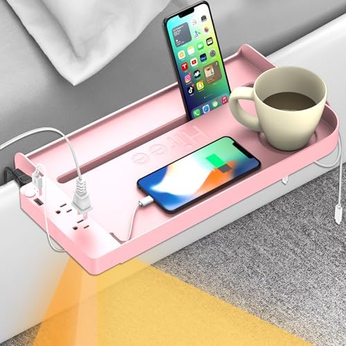Hiree Bedside Shelf for Dorm Bunk Bed with USB Charging Port and 2 AC Outlets, Bed Side Table Tray Organizer, College Dorm Essential, Clip On Bedside Tray, Cool Teen Girls Trendy Stuff (Pink) by Hiree