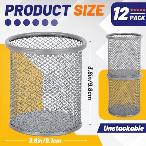 Segarty Pen Cup Holder for Desk, 12 Pack Round Silver Pen Holder, Wire Mesh Pencil Cups Containers Marker Organizer Set for Office Supplies, School, Desktop Accessories, Makeup Brush - Image 2