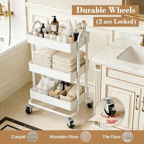 3 Tier Metal Rolling Cart, Utility Storage Cart Shelf Organizer with Wheels for Home & Office, Cream - Image 7
