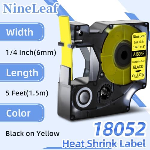 NineLeaf 8 Pack Compatible Labels Tape Replacement for Dymo 18052 1/4 inch Black on Yellow Heat Shrink Tube Labels 6mm x 1.5m for Wires and Cables Use in Rhino 4200 5200 5000 6000 3M Label Maker - Image 2