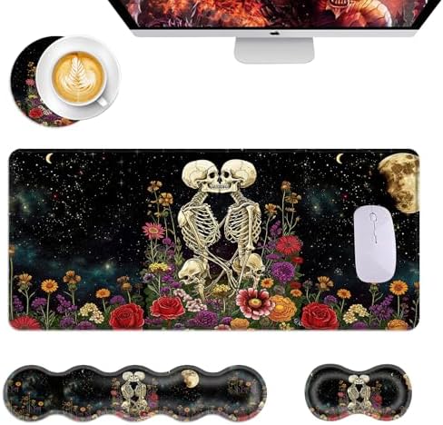 Mouse Pad,Large Desk Mat Set, 4in1 XL Mousepad + Keyboard Wrist Rest+Mouse Wrist Rest+Coaster with Ergonomic Desk Pad for Home Office Table Computer Cover -Skeleton Floral by Unknown