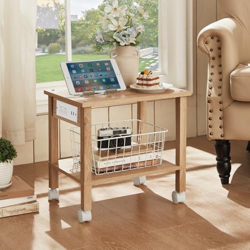 YUFAM 2 Tier Under Desk Printer Stand with Charging Station, Natural - Image 6