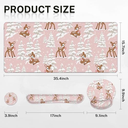 Britimes Keyboard Mouse Pad Set, 4 in 1 Desk Mat Set, Winter Cute Fawn - Image 2