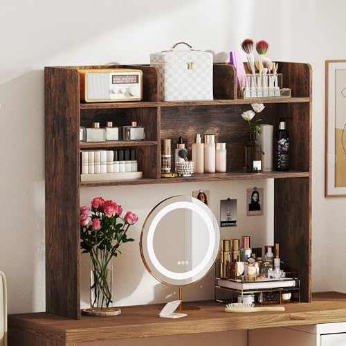 Tangkula Desktop Bookshelf for Computer Up to 32”, 37” Countertop Storage Hutch with 6 Storage Shelves, 3-Tier Desktop Organizer Display Rack, Wooden Desk Hutch for Dorm Home Office (Rustic Brown) - Image 5