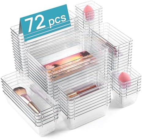 Vtopmart 72 PCS Clear Plastic Drawer Organizers Set, 4-Size Versatile Bathroom and Vanity Organizer Trays, Non-Slip Storage Containers for Makeup, Jewelries, Bedroom，Kitchen Utensils and Office by Vtopmart