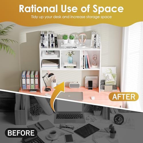 JupiterForce Desktop Bookshelf, Wooden Desktop Hutch Desk Shelf Storage Rack for Home Office, Study, Dorm Room, Computer Desk, Multi-Compartment Desktop Organizer - Image 4