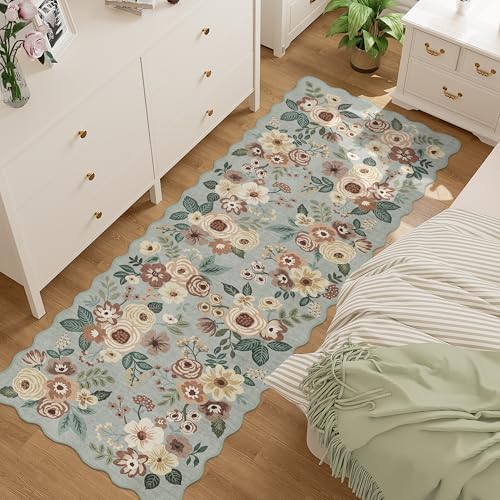 DUKINO 2x6 Runner Rug, Floral Washable Rug for Kitchen Non Slip Sage Green by DUKINO
