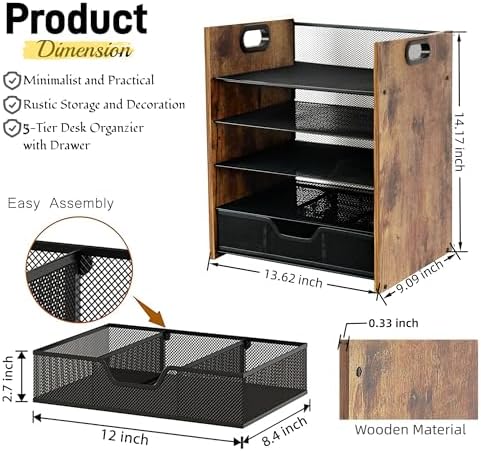 Desk Organizer, 5-Tier Desktop File Organizer with Drawer, Wooden Paper Tray Organizer, Office Desk Organzier and Accessories for Papers, Mail, Notebooks, Stationery - Image 2