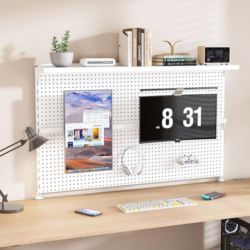Metal Pegboard Desk Organizer with Dual Monitor Stand, 59x35 Inch Large Privacy Panel with 3 Accessories, Sturdy Gaming & Office Desk Wall Organizer, White by Creatingcomfortableliving