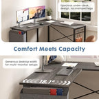 DUMOS L Shaped Computer Corner Desk with PC Stand, Grey - Image 5