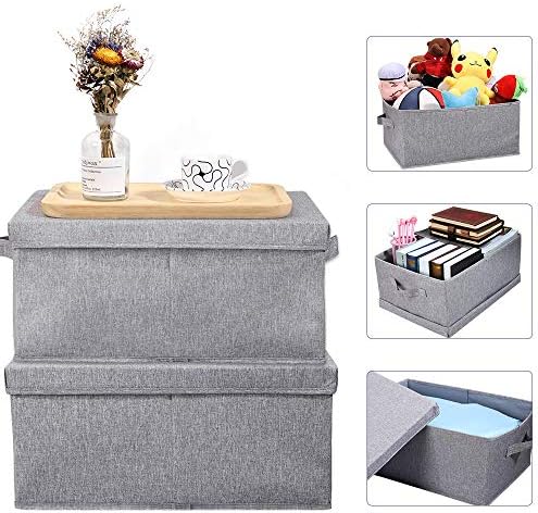 HOONEX Linen Foldable Storage Bins with Lids, 2 Pack, Storage Boxes with Carrying Handles and Sturdy Heavy Cardboard, 16.5" L x 11.8" W x 7.5" H for Shoes, Books, Clothes, Light Grey - Image 2