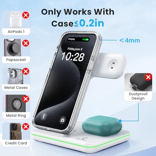 WAITIEE Foldable Wireless Charger for iPhone 17 16 15 14 13 12 11 X 8, 3 in 1 Charging Station for Apple Watch & for AirPods(White) - Image 6