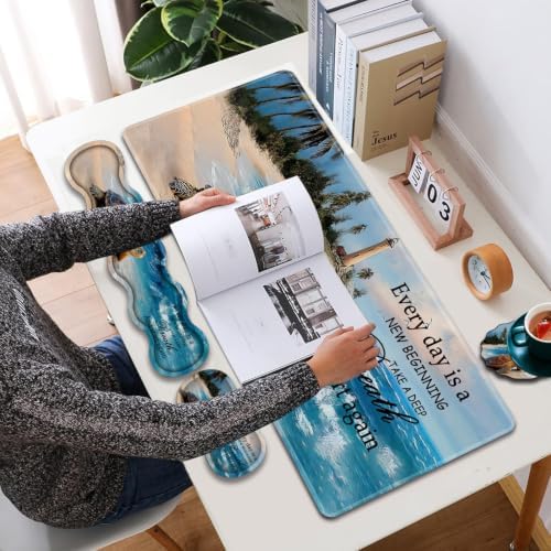 31.5"x 11.8" Oversized Gaming Mouse Pad Set, Ergonomic Keyboard and Mouse Wrist Rest + Cup Holder, Non-Slip Desktop Pad, Suitable for Home and Office Use, Sea Turtle Blue Sea Lighthouse - Image 6