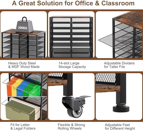EasyPAG Rolling File Cart with 14 Slot Mail Organizer, Under Desk Storage with Hanging File Rack for Letter/Legal Folders, Mobile Filing Cabinet Printer Stand for Office Home Classroom, Black - Image 4