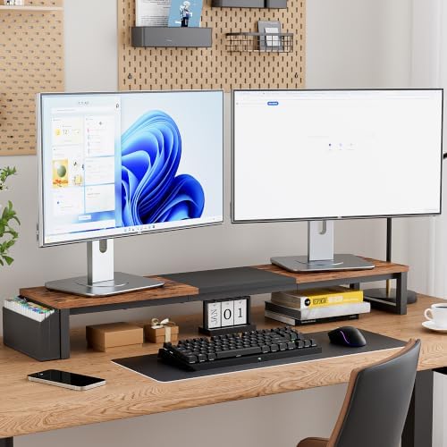 Dual Monitor Stand Riser, 41.5'' Extra Long Wood Monitor Stand Desktop Organizer with Side Pocket, Ergonomic Monitor Riser Supports 2 Monitors,TV,Laptop,Printer for Home Office, Rustic Brown - Image 2