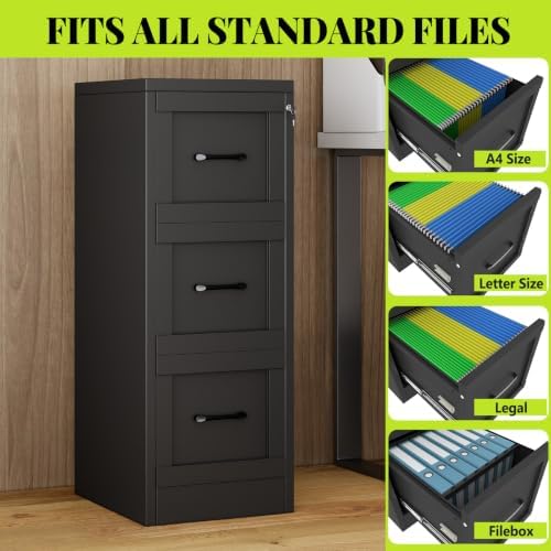 3-Drawer Metal File Cabinet with Lock, Tall Narrow Vertical, Black - Image 4
