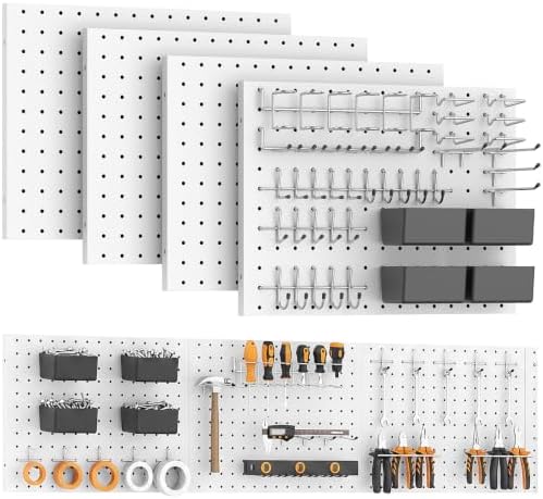 Peg Board, 4 Pack Metal Pegboard with Hooks, 71pcs Pegboard Kit, White Pegboard Wall Organizer, Heavy Duty Peg Boards for Walls Home, Garage Tool Storage, Workbench, Craft Room by Unknown
