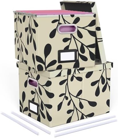 Oterri 2 Pack File Storage Organizer, Document Organizer, Portable File Box with Lid, Fit for Letter/Legal File Folder Storage,Leaf Black/Cream-Box only by Oterri