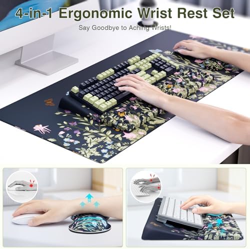 Ospelelf Keyboard Wrist Rest Stand Pad and Ergonomic Mouse Pad Set with Large Mousepad, Memory Foam Comfort, Premium Office Desk Accessories for Pain Relief, Moonlit Blossoms - Image 2