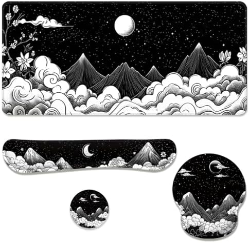 Moon Mountain Desk Mat Set Black White Landscape Zen Mountain Mouse Pad with Wrist Rest 4in1 Desk Mat for Desktop Ergonomic Keyboard Wrist Support Anti-Slip Computer Mouse Pad Home Office Gaming by Unknown