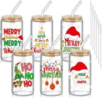 SiliFine 6 Pcs Christmas Glass Cups with Lid and Glass Straw 16 oz Holiday Iced Coffee Cup Xmas Can Shaped Beer Water Glasses Tumbler Christmas Appreciation Gifts for Xmas Party Favors by SiliFine