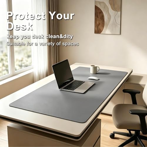 Leather Desk Pad Protector, Mouse Pad, Office Desk Mat, Non-Slip PU Leather Desk Blotter, Laptop Desk Pad, Waterproof Desk Writing Pad for Office Work/Home/Decor (15.5“ x 47”, Gray) - Image 2