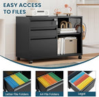 MIIIKO 3 Drawer File Cabinet with Lock, Metal Lateral Rolling Printer Stand Office Storage Filing Cabinets for Home Office,A4, Letter,File Folders(Black) - Image 4