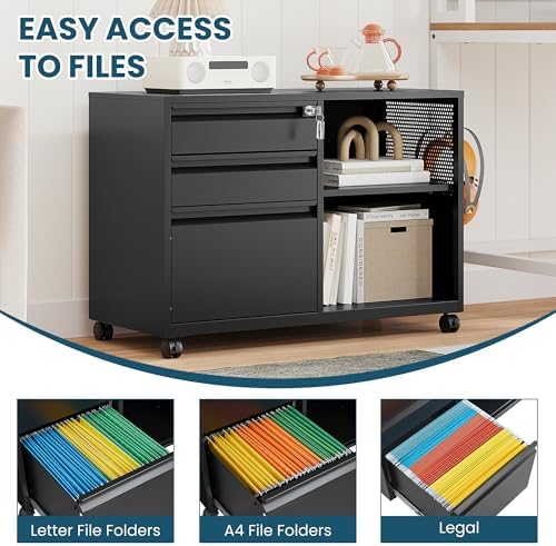 MIIIKO 3 Drawer File Cabinet with Lock, Metal Lateral Rolling Printer Stand Office Storage Filing Cabinets for Home Office,A4, Letter,File Folders(Black) - Image 4