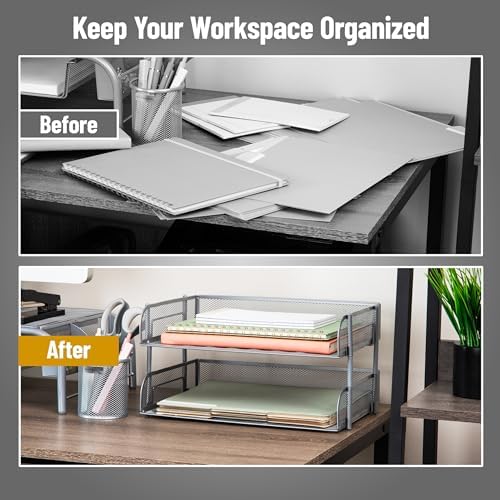 Mind Reader 2-Tier Stackable Paper Tray, Desktop Organizer for Letter-Size Documents, Office File Storage, Metal Mesh, Set of 2, Silver - Image 5