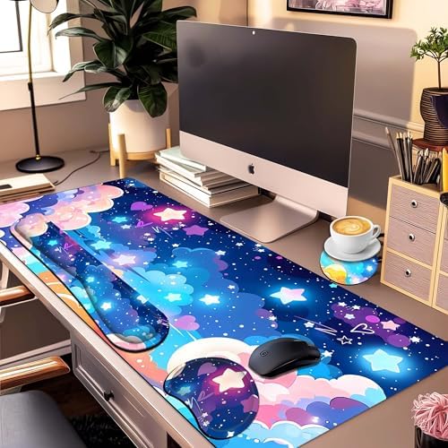 Large Mouse Pad Set 35.4 x 15.7 with Keyboard Wrist Rest, Wrist Support, and Coaster, Waterproof Memory Foam Smooth Desk Pad Mousepad for Home Office School - Pastel Rainbow Star - Image 4