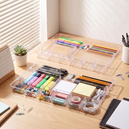 Junkin 8 Pcs Desk Drawer Organizer Tray 14" x 9" x 1", Clear - Image 4