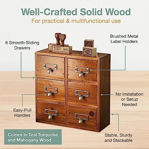 Vintage Card Catalog Drawers for Desktop - 6-Drawer Mini Wood Desktop Cabinet for Office Study Table - Solid Wood Storage Drawers for Table - Mahogany Wood Organizer Cabinet Drawers, Fully Assembled - Image 4