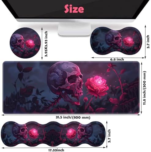 Large XXL Gaming Desk Mat 31.5"x 11.8", Ergonomic Keyboard Wrist Rest & Mouse Pad Wrist Rest + Coaster Set, Non-Slip Base, Memory Foam, Office and Home, Rose Skull - Image 6