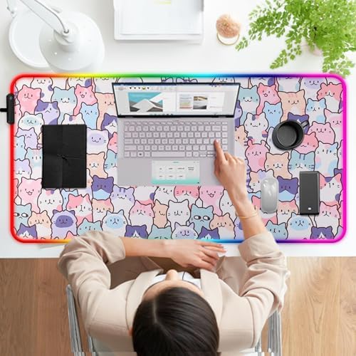 RGB Cute Kawaii Cat Gaming Desk Mat & Mouse Pad, XL, Pink - Image 7