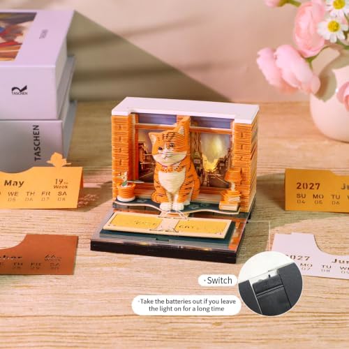 3D Calendar 2027, 3D Memo Pad Art Sticky Notes, Time Piece Calendar 2027, Creative Weekly Notepad with Light, Paper Carving Art Desktop Gift for Christmas Birthday Anniversaries (Orange Cat 2027) - Image 4