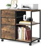 VINGLI 3 Drawer File Cabinet with Wheels Under Desk Printer Stand, Rolling File Cabinet with Shelves Adjustable, Mobile Lateral Filing Cabinet for Home Office, Fits Letter Size, Rustic Brown by VINGLI