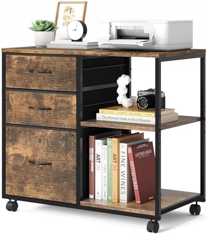 VINGLI 3 Drawer File Cabinet with Wheels Under Desk Printer Stand, Rolling File Cabinet with Shelves Adjustable, Mobile Lateral Filing Cabinet for Home Office, Fits Letter Size, Rustic Brown by VINGLI