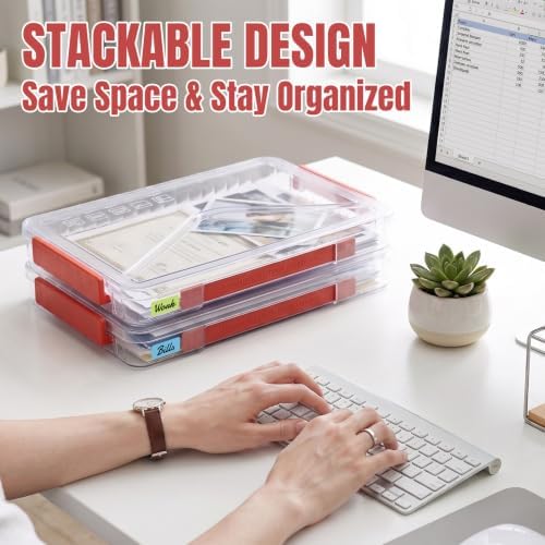 Clear Document Box, Portable A4 Paper Storage Organizer with Snap Latches, Stackable File Case for Certificates Photos Letter Size, Magazine Protector, 14.37" x 9.44" x 1.37" (2 Pack), Red - Image 5