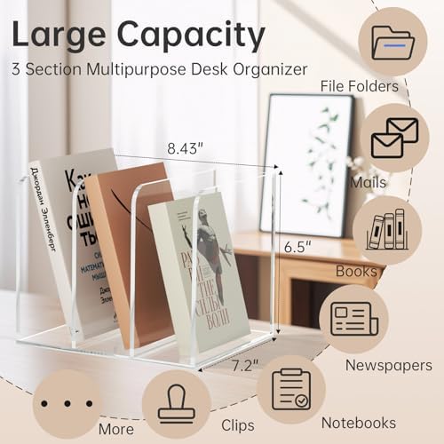 Acrylic Desk Organizer Book Organizer, Magazine File Holder, Vertical File Organizer Stand File Folder Holder, Mail Organizer Countertop Mail Sorter File Sorter, Clear Book Ends Book Holder - Image 2