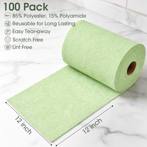 Reusable Microfiber Cleaning Cloth Roll - 100 Pack, 12"x12" Washable Tear-Away Paper Towels, Lint-Free & Streak-Free Rags for Kitchen, Glass, Cars, Electronics, Workshop and Garage(Bean Green) - Image 2