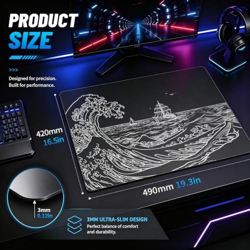 Glass Gaming Mouse Pad, 5.0 Nano Etched Surface, Custom PU Non Slip Base, Esports Level Speed & Precision, Tempered Glass, Waterproof & Durable, 490mm*420mm Large Size for FPS Gaming (Black Waves) - Image 2