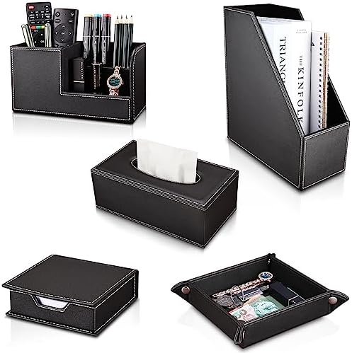 KINGFOM 5 PCS/SET Pu Leather Desk Organizer File Holder Accessories, Magazine Storage Rack+Desktop Pen&Pencil Holder+Tissue Box Cover+Leather Jewelry Accessories Tray - Image 2