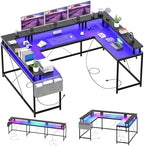 GAOMON U Shaped Desk, 79" U Shaped Gaming Desk with Monitor Stand and LED Lights, Reversible Long Shaped Large Computer Desk with Power Outlets, Large Corner Office Desk with Storage Bag and Hooks - Image 3