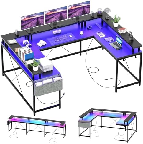GAOMON U Shaped Desk, 79" U Shaped Gaming Desk with Monitor Stand and LED Lights, Reversible Long Shaped Large Computer Desk with Power Outlets, Large Corner Office Desk with Storage Bag and Hooks - Image 3