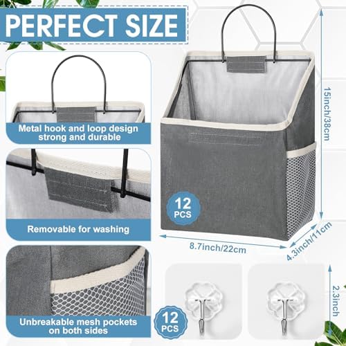 Woanger 12 Pcs Wall Hanging Storage Bag Wall Hanging Organizer Bag Over The Door Closet Basket Containers Bins with Hooks Pockets for Bedroom Bathroom, 15 x 4.3 x 8.7''(Gray) - Image 3
