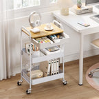 TOOLF 3-Tier Metal Utility Rolling Cart with Drawer and Wooden Table Top, Storage Cart White Trolley Kitchen Organizer Rolling Desk with Locking Wheels for Office, Classroom, Home, Bedroom - Image 6