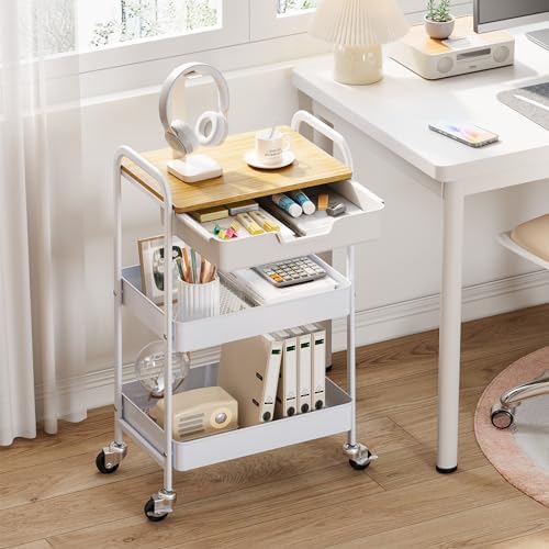 TOOLF 3-Tier Metal Utility Rolling Cart with Drawer and Wooden Table Top, Storage Cart White Trolley Kitchen Organizer Rolling Desk with Locking Wheels for Office, Classroom, Home, Bedroom - Image 6